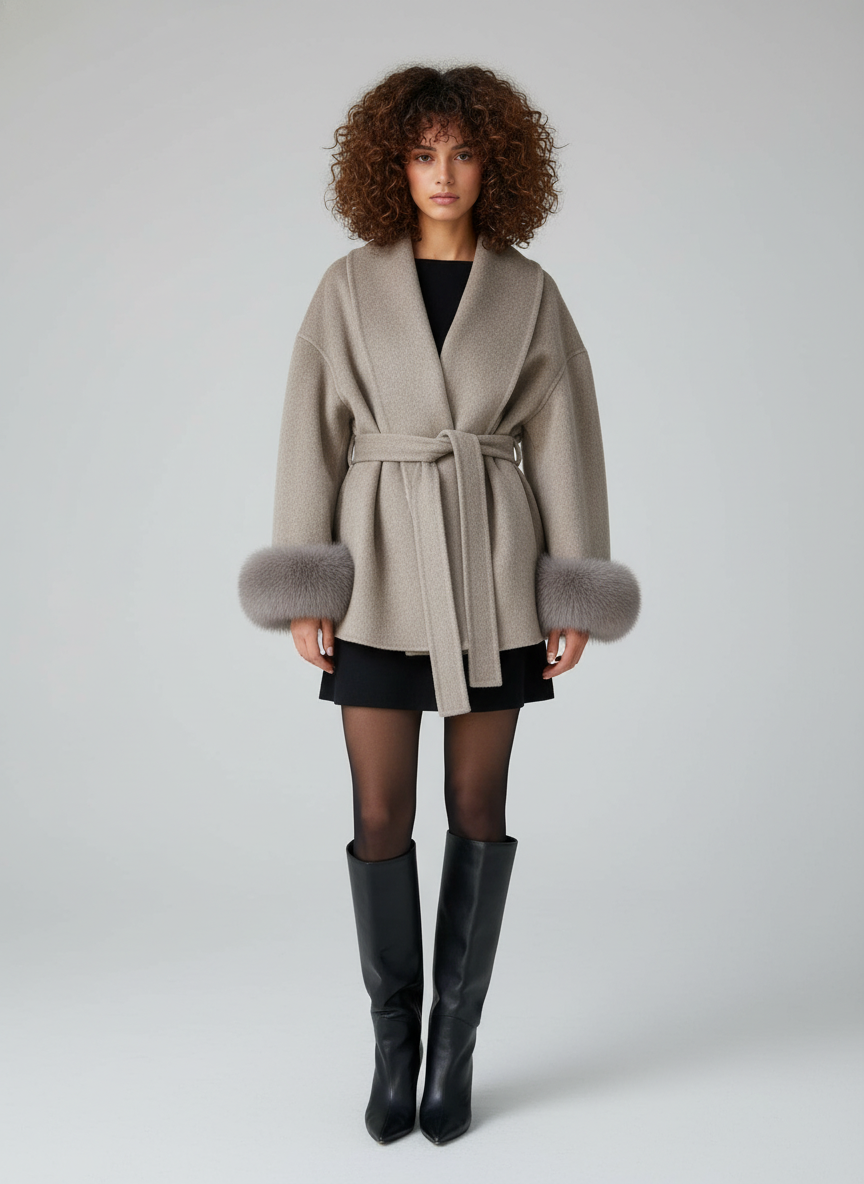 Elegante Wolmantel voor Dames – Korte Wrap Jas met Ceintuur & Faux Fur Manchetten