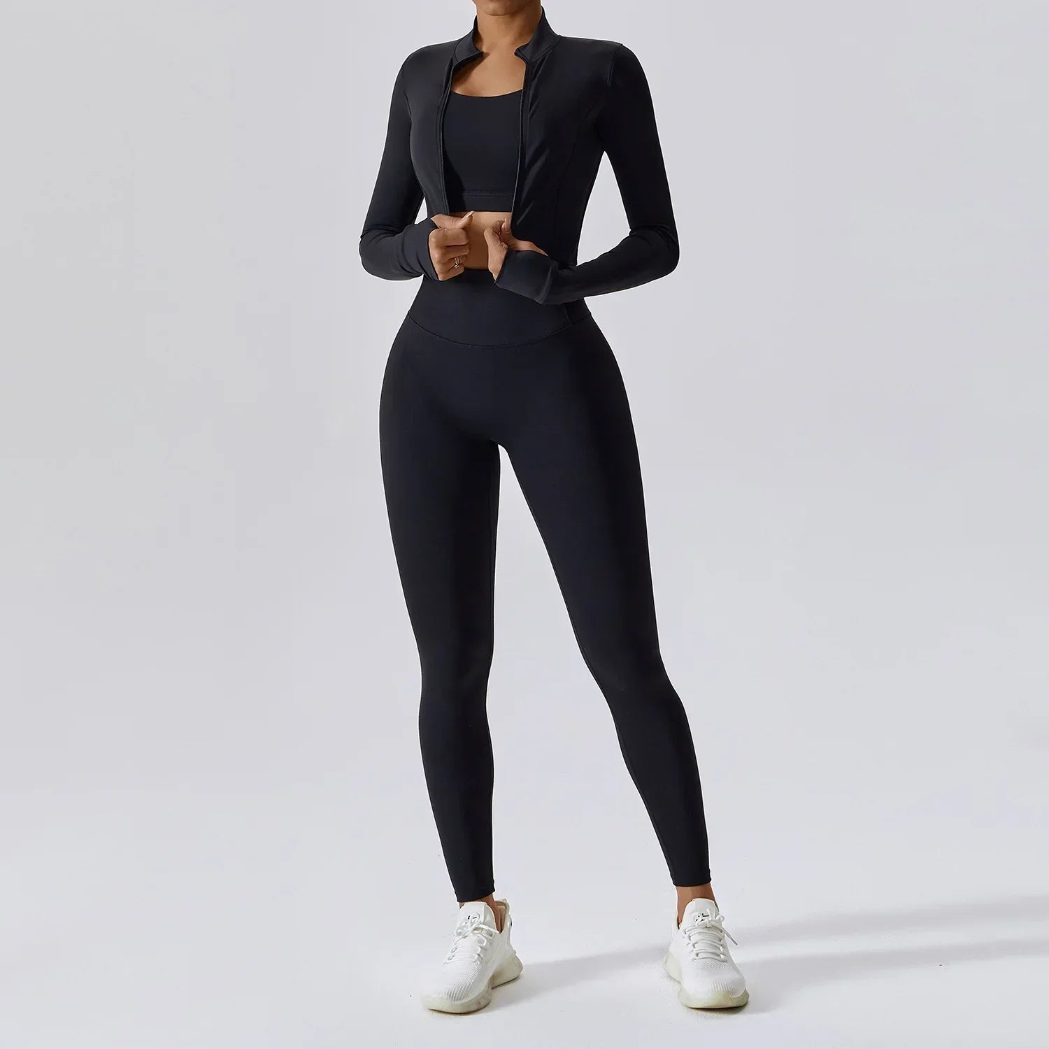 Fenna Sport Set | Dames 3-delige sportoutfit met high-waist legging, sport-bh en cropped jack