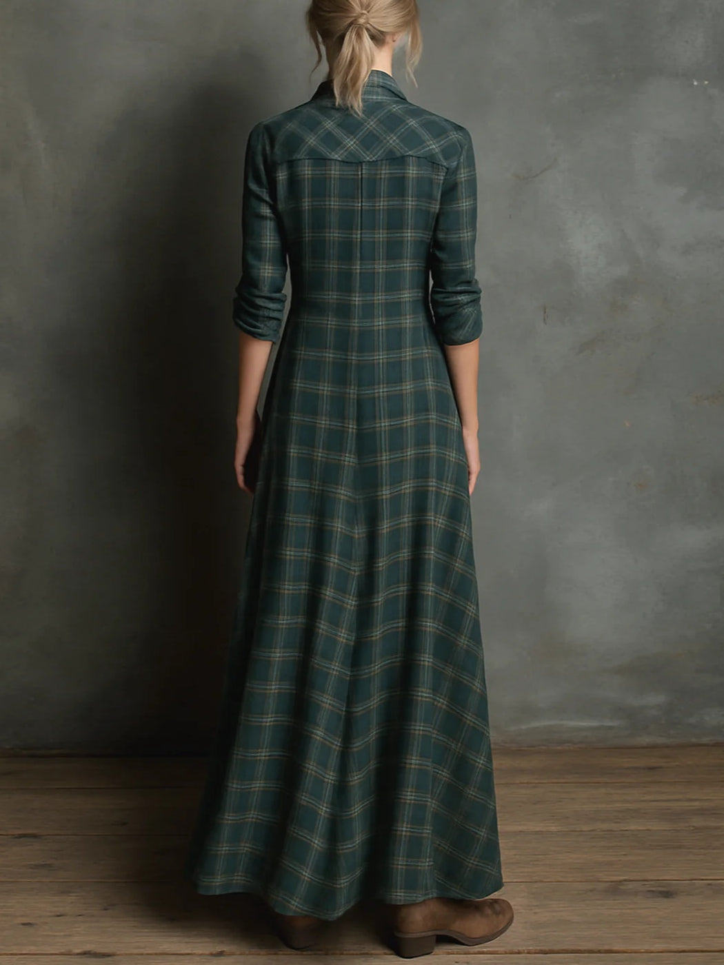 Miriam | Lange Jurk met Groene Geruite Revers