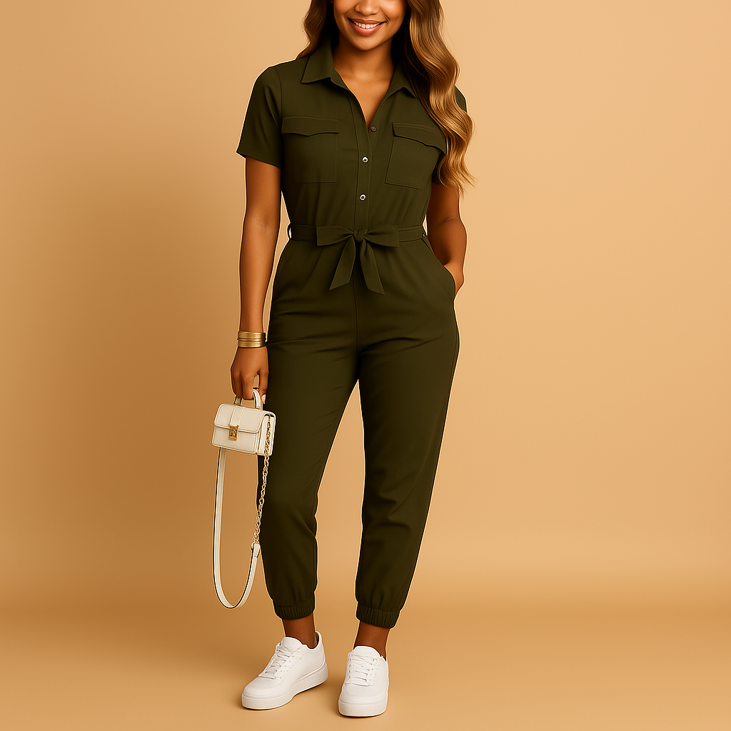 Getailleerde jumpsuit dames met knoopsluiting en flatterende pasvorm |Janice