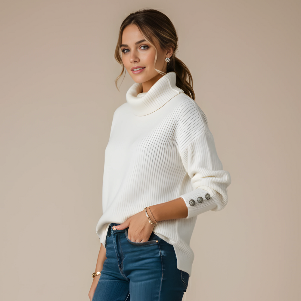 Casual Gebreide Trui met Hoge Kraag en Knoopsluiting