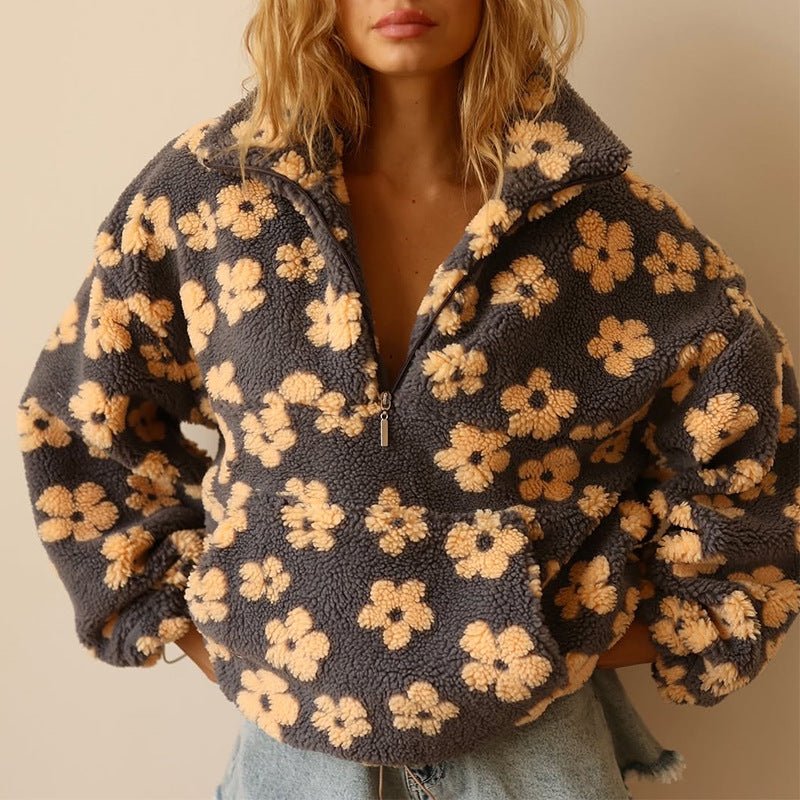 Dames Oversized Fleece Trui met Bloemenprint en Rits