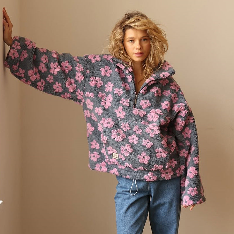 Dames Oversized Fleece Trui met Bloemenprint en Rits