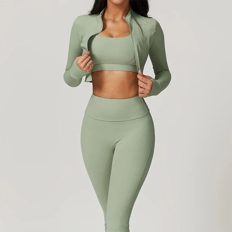 Fenna Sport Set | Dames 3-delige sportoutfit met high-waist legging, sport-bh en cropped jack