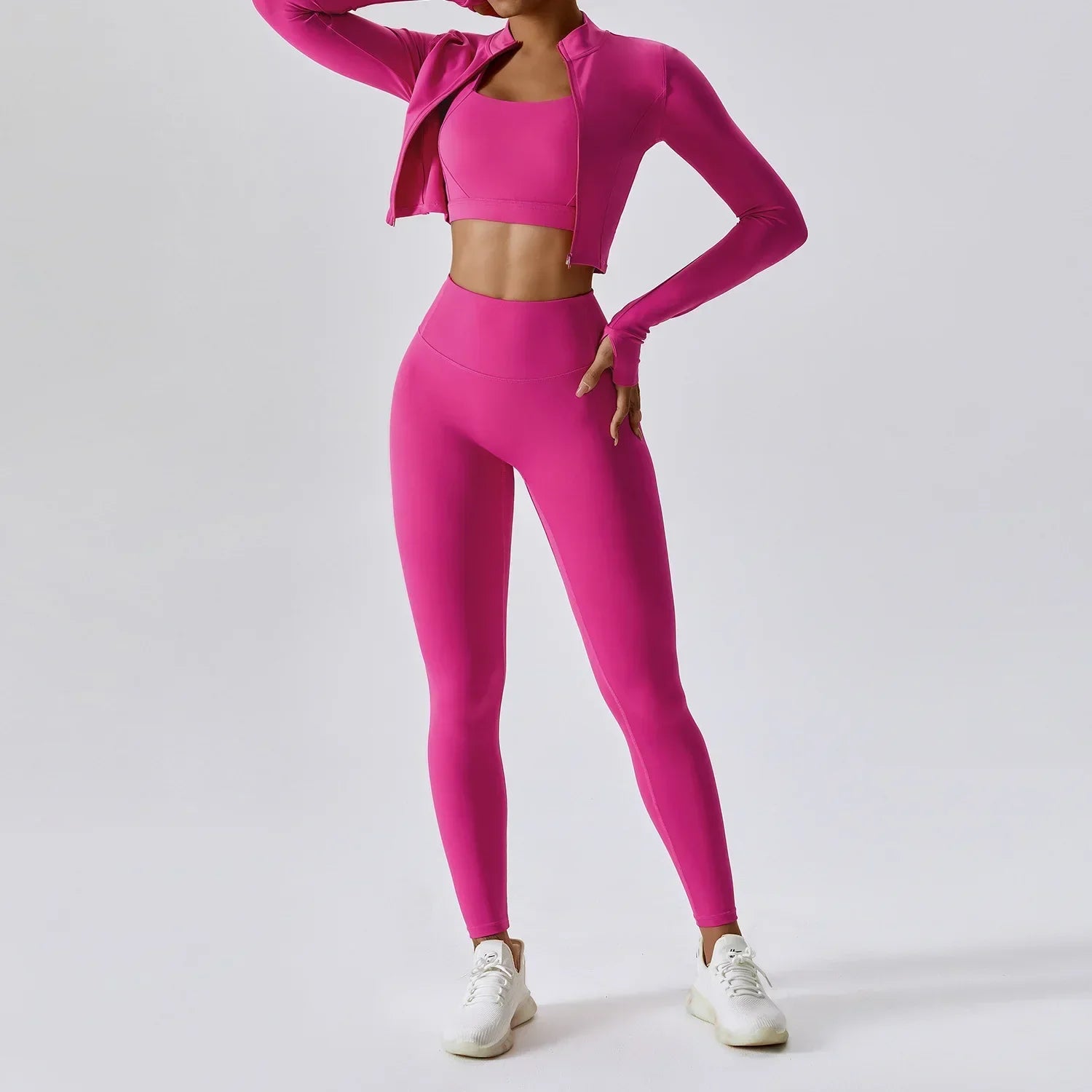 Fenna Sport Set | Dames 3-delige sportoutfit met high-waist legging, sport-bh en cropped jack