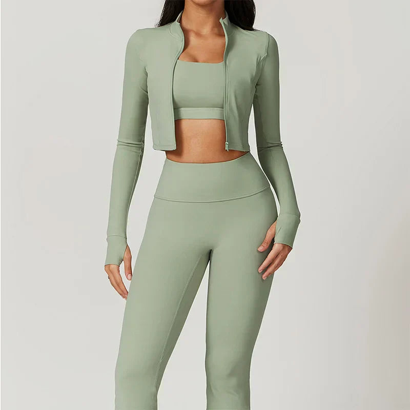 Fenna Sport Set | Dames 3-delige sportoutfit met high-waist legging, sport-bh en cropped jack