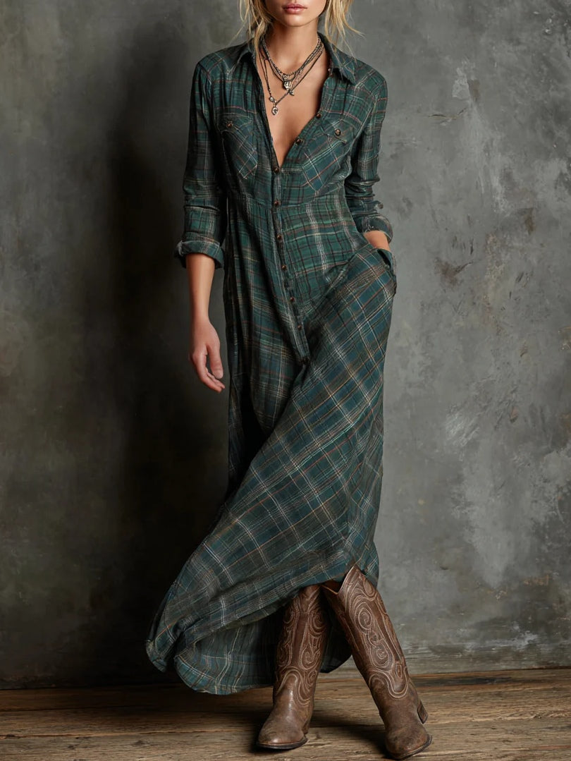 Miriam | Lange Jurk met Groene Geruite Revers